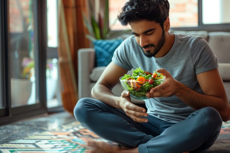 An Indian man in workout attire relishes a vegetable salad from a glass bowl while seated on the floor, showcasing his commitment to a healthy lifestyle and fitness regimen.